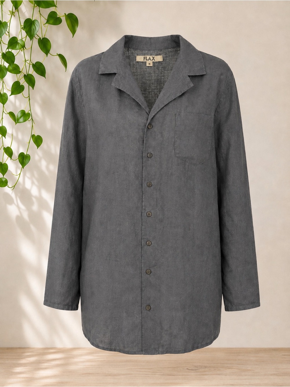 FLAX 100% Linen Charcoal Gray Longline Button-Front Shirt – Small – NWOT
